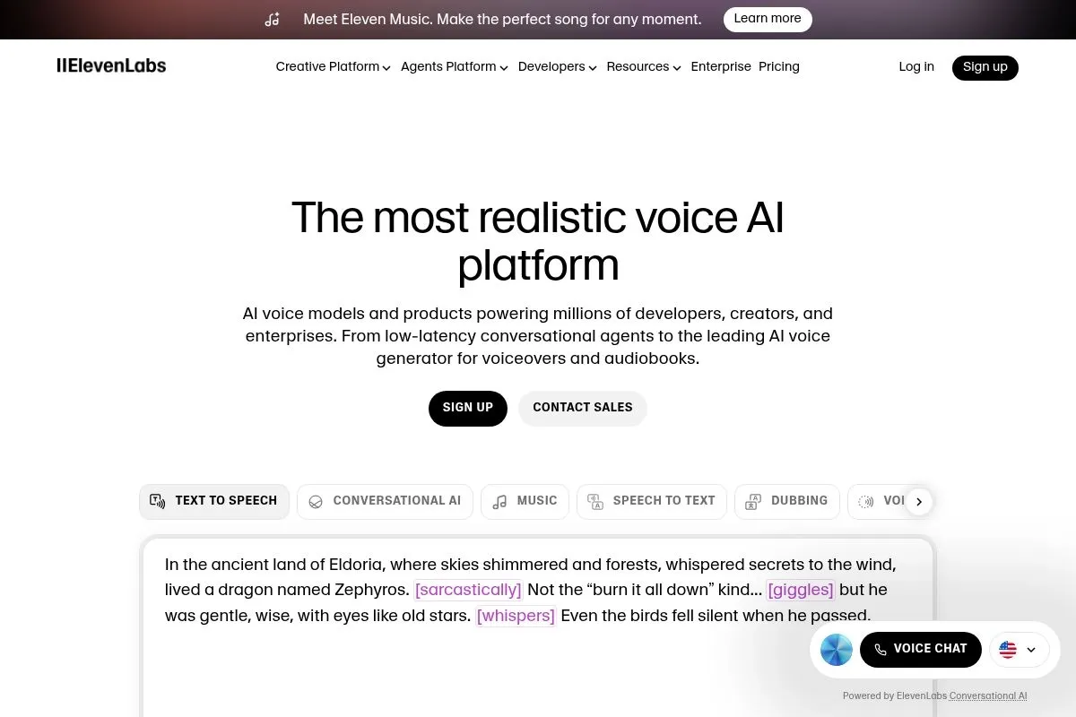 Screenshot of ElevenLabs Voice AI's homepage