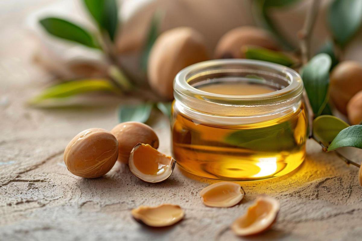 A small container of argan oil with a few argan nuts and leaves