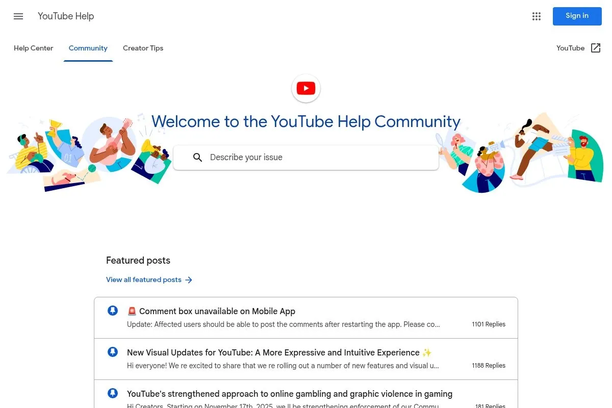 Screenshot of YouTube Help Community Forums's homepage