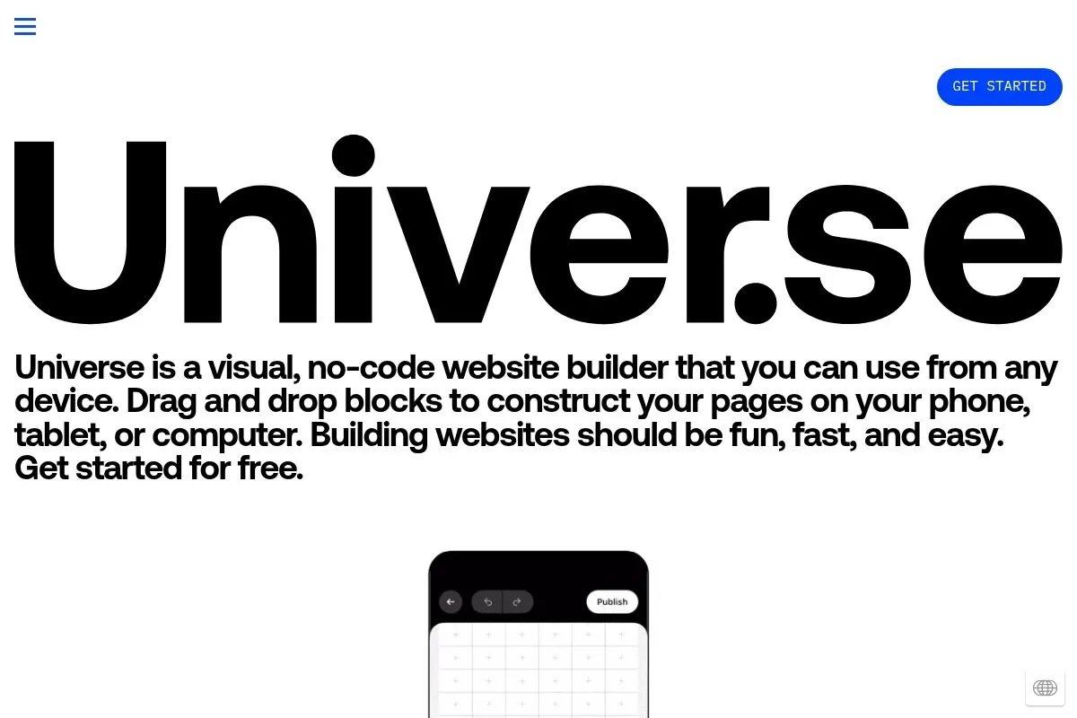 Screenshot of Universe — Website Builder's homepage