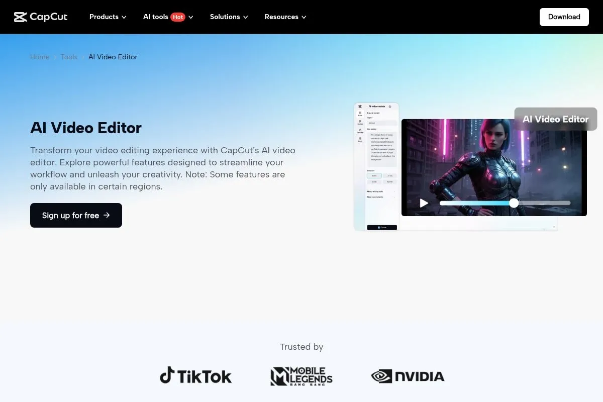 Screenshot of CapCut AI Video Editor's homepage
