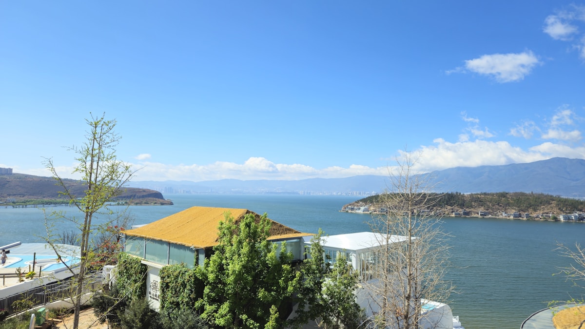 a large body of water sitting next to a lush green hillside