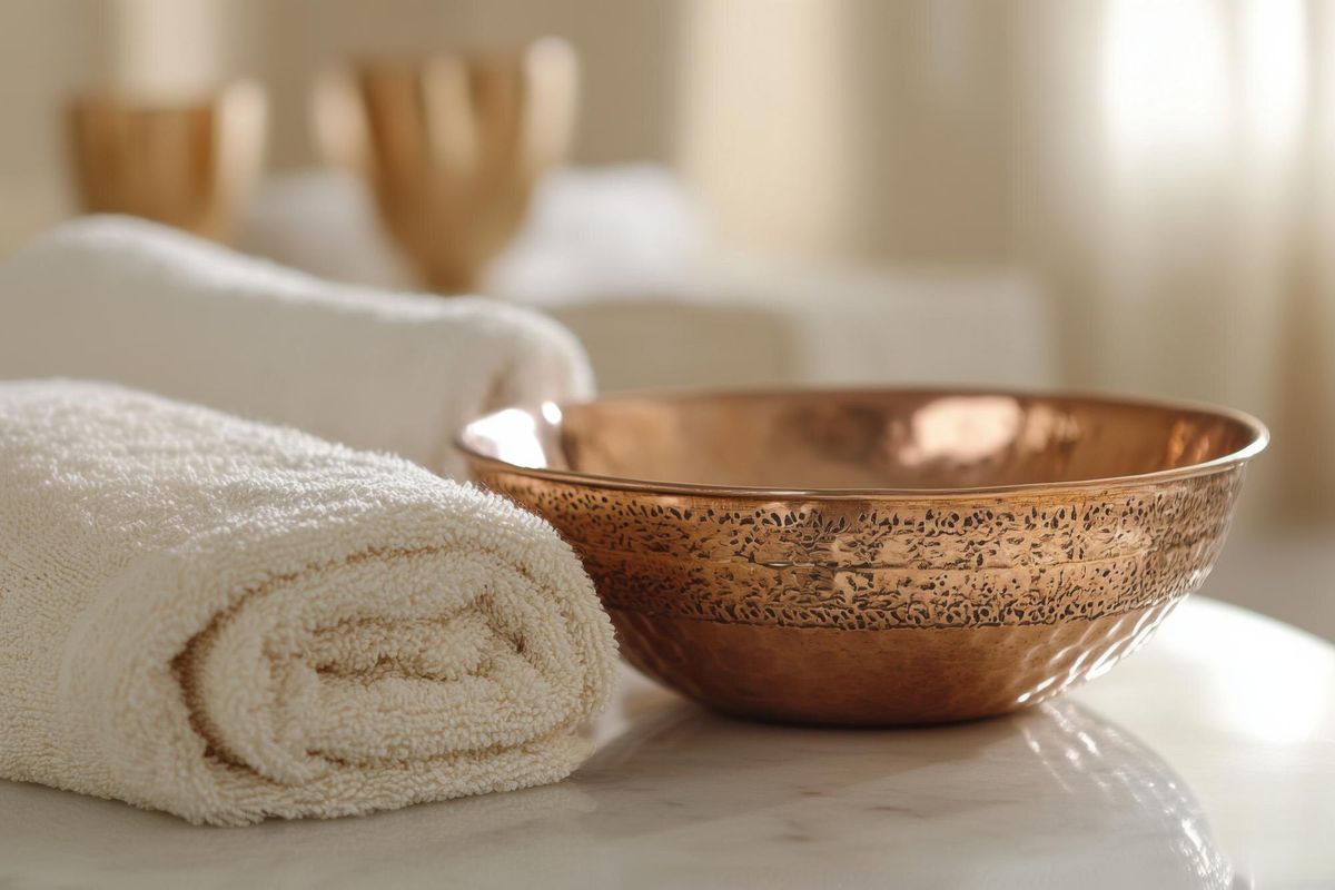 Close up of hammam essentials featuring a copper bowl and rolled towel in a serene spa setting