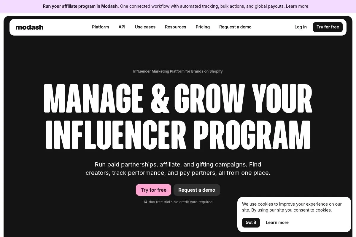 Screenshot of Modash Platform's homepage