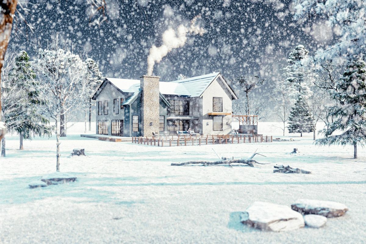 a snowy scene of a house and trees