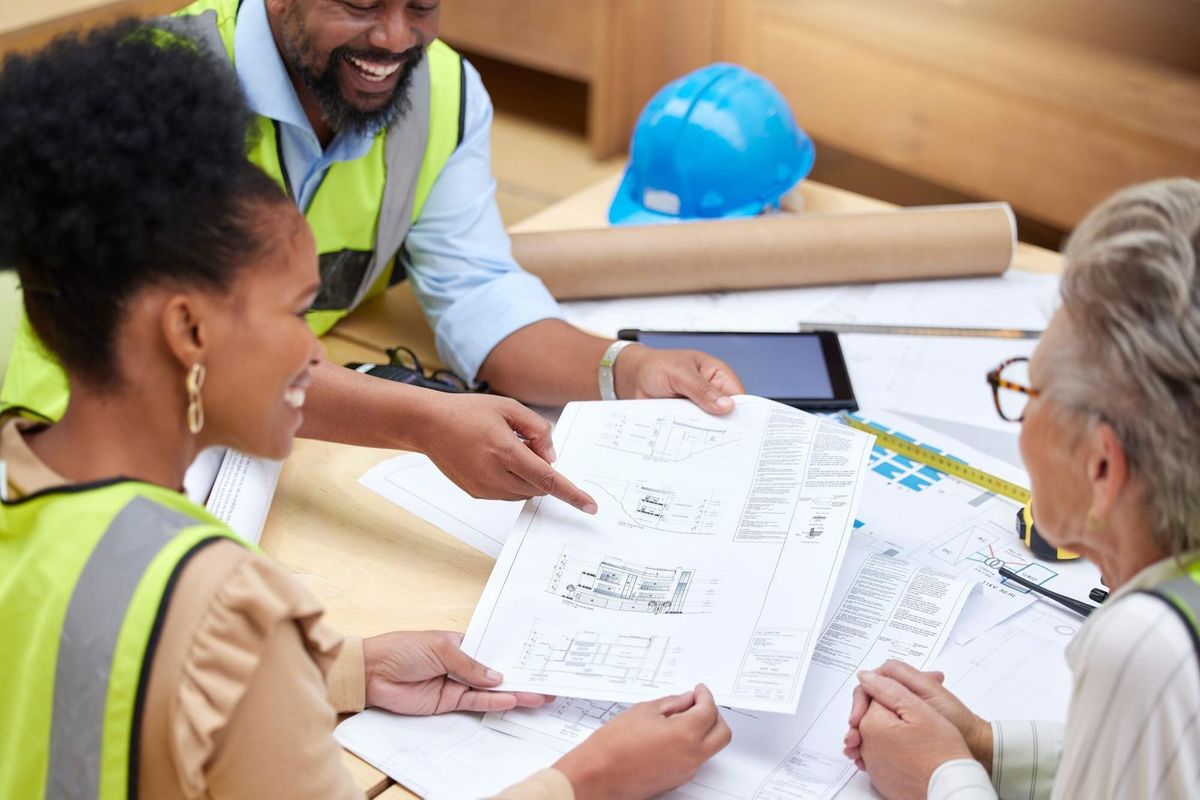 Blueprint meeting or happy civil engineering team planning a building or construction architecture Teamwork collaboration or group of designers talking or speaking of floor plan idea in discussion