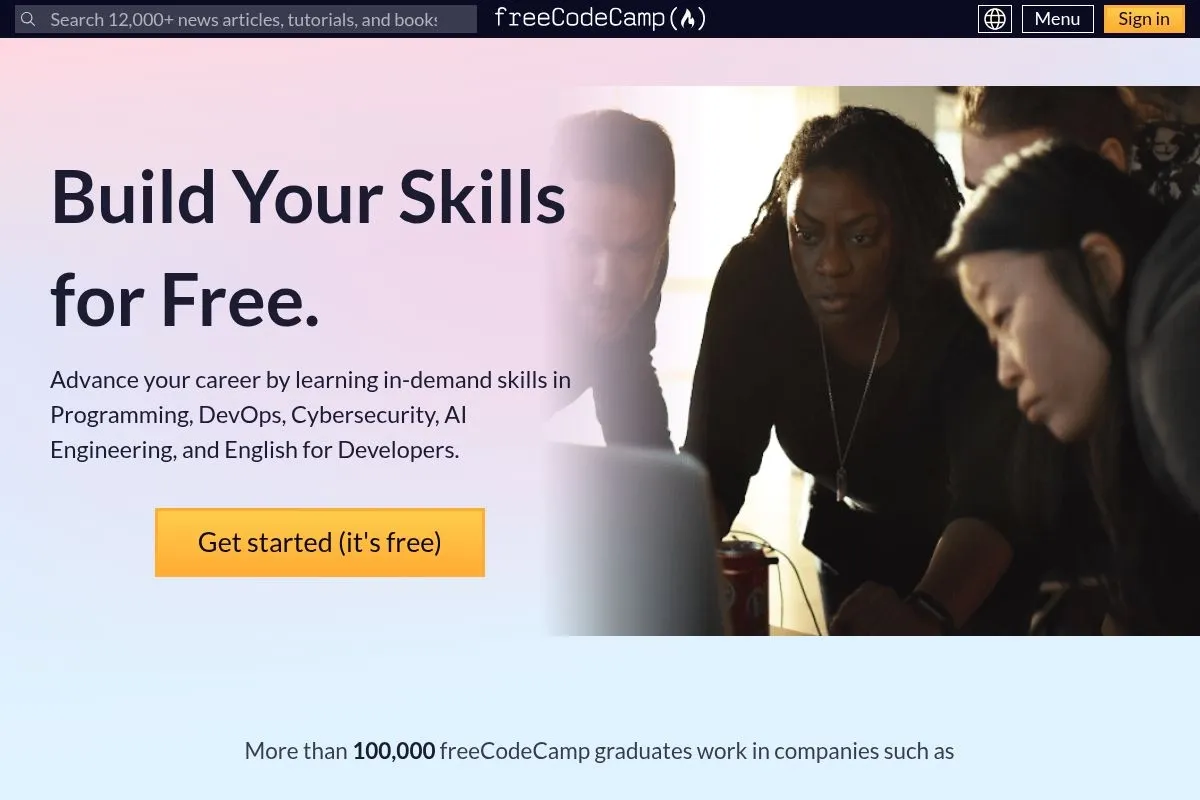 Screenshot of freeCodeCamp's homepage