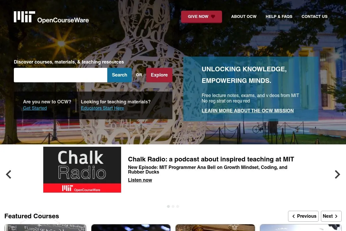 Screenshot of MIT OpenCourseWare (Computer Science)'s homepage