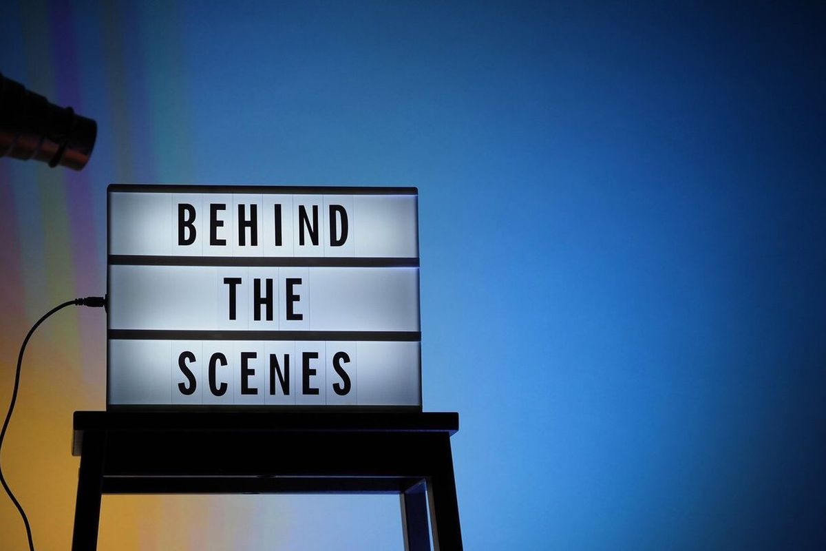 behind the scenes letterboard text on lightbox or cinema light box. movie clapperboard megaphone