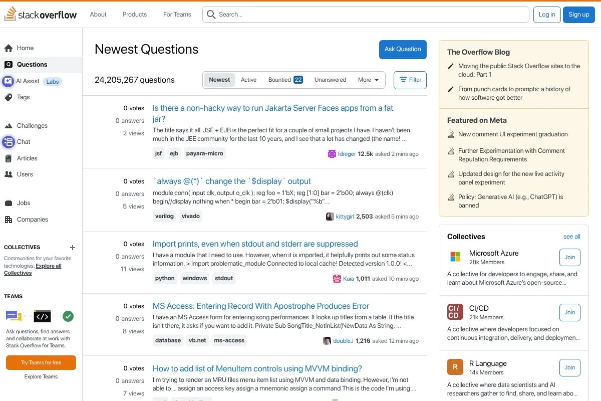 Screenshot of Stack Overflow's homepage