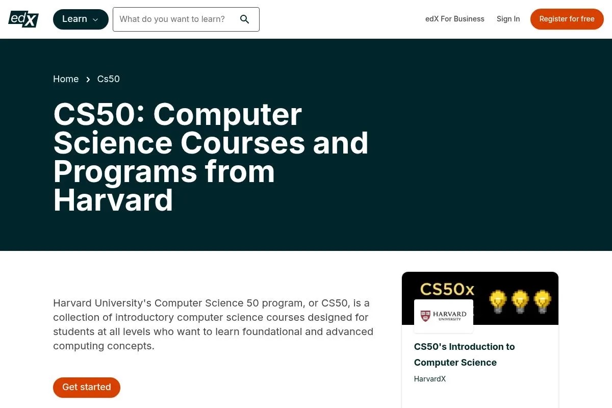 Screenshot of Harvard CS50 (edX)'s homepage