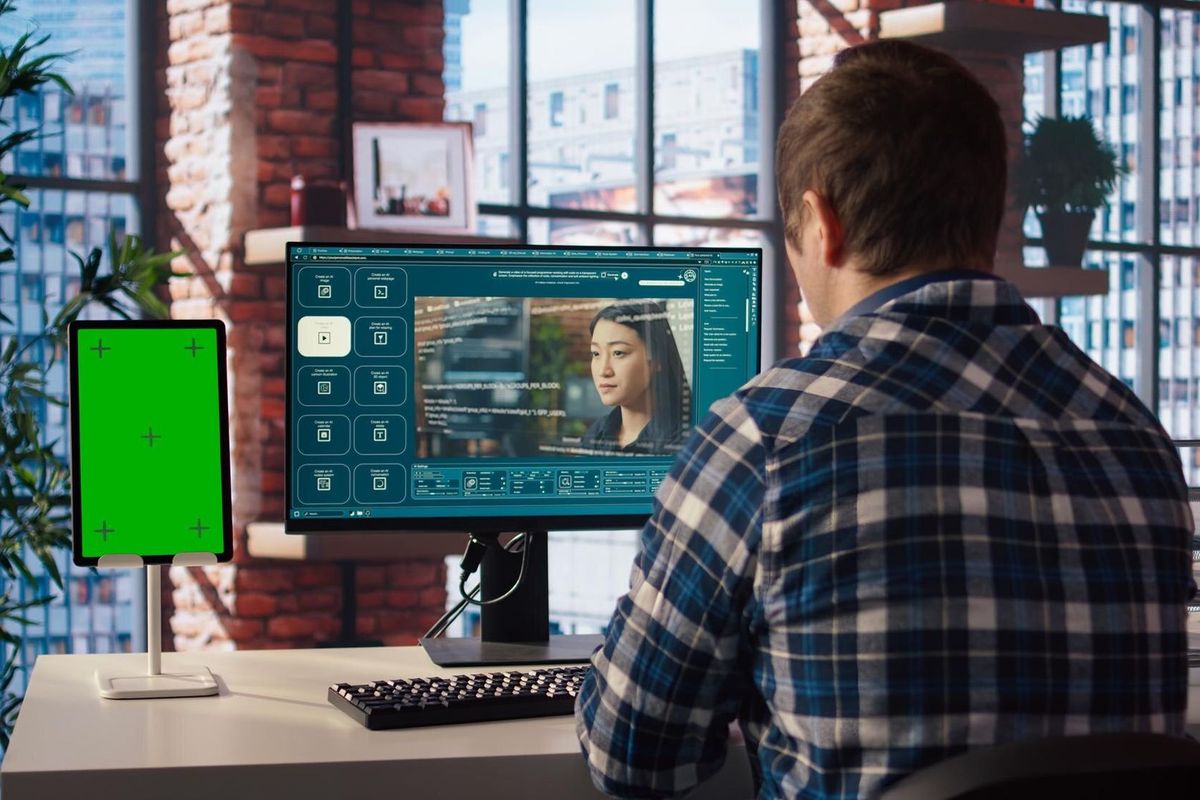Man looking at tutorial on mockup tablet to learn how to use text to video AI