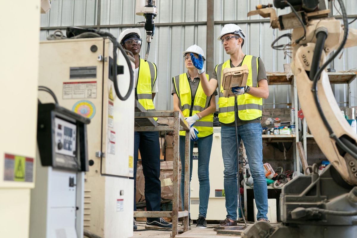 Robotics engineer working on maintenance of modern robotic arm in factory warehouse