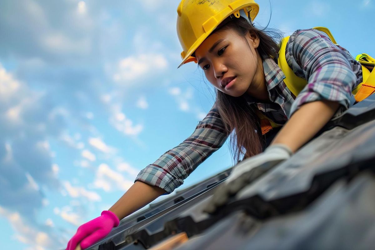 Female Construction Worker Roofing with Safety Gear and Pink Gloves