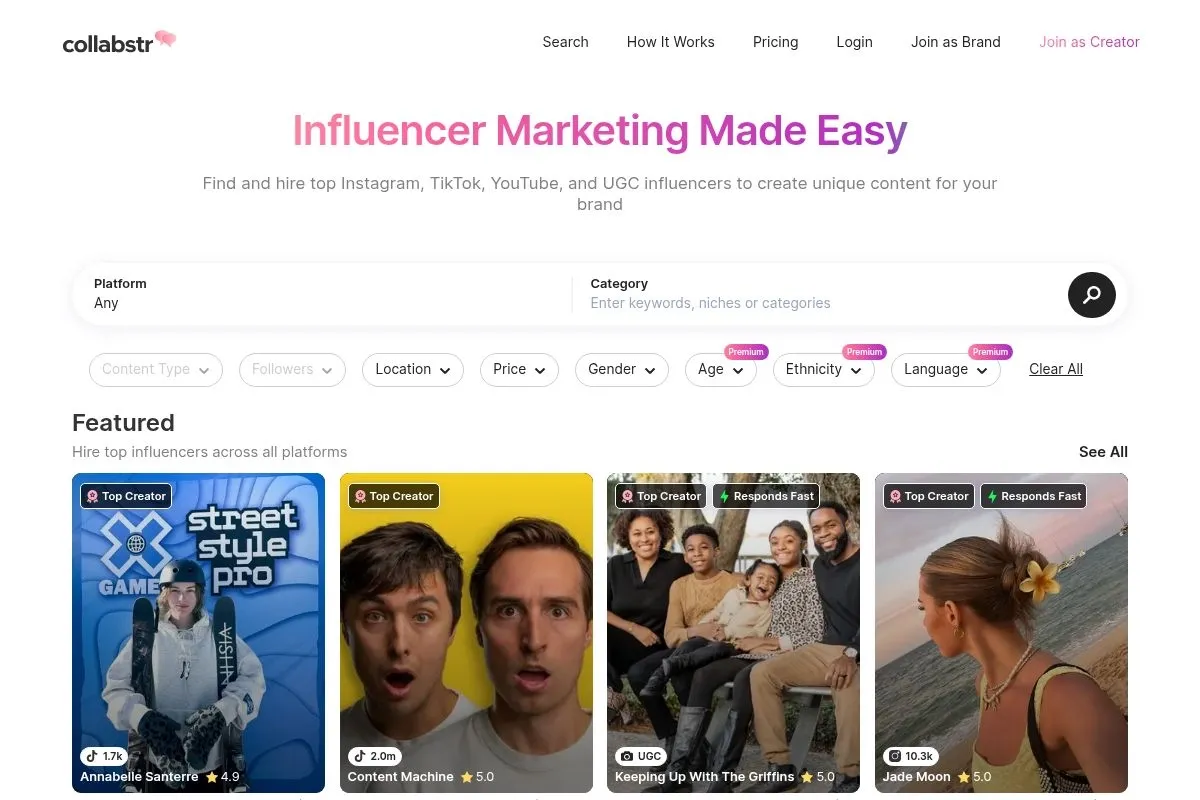 Screenshot of Collabstr's homepage