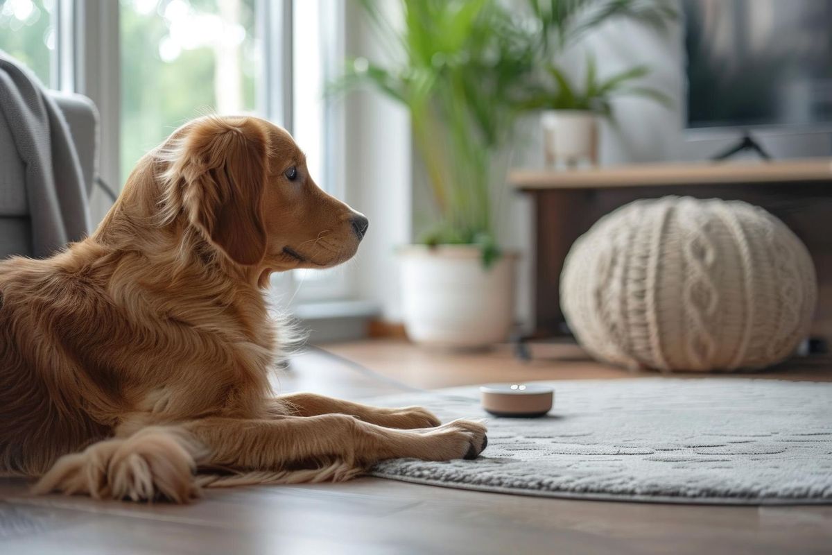 Smiling Golden Retriever Relaxing Indoors on Hardwood Floor Near Couch