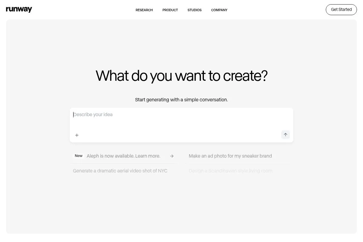 Screenshot of Runway's homepage