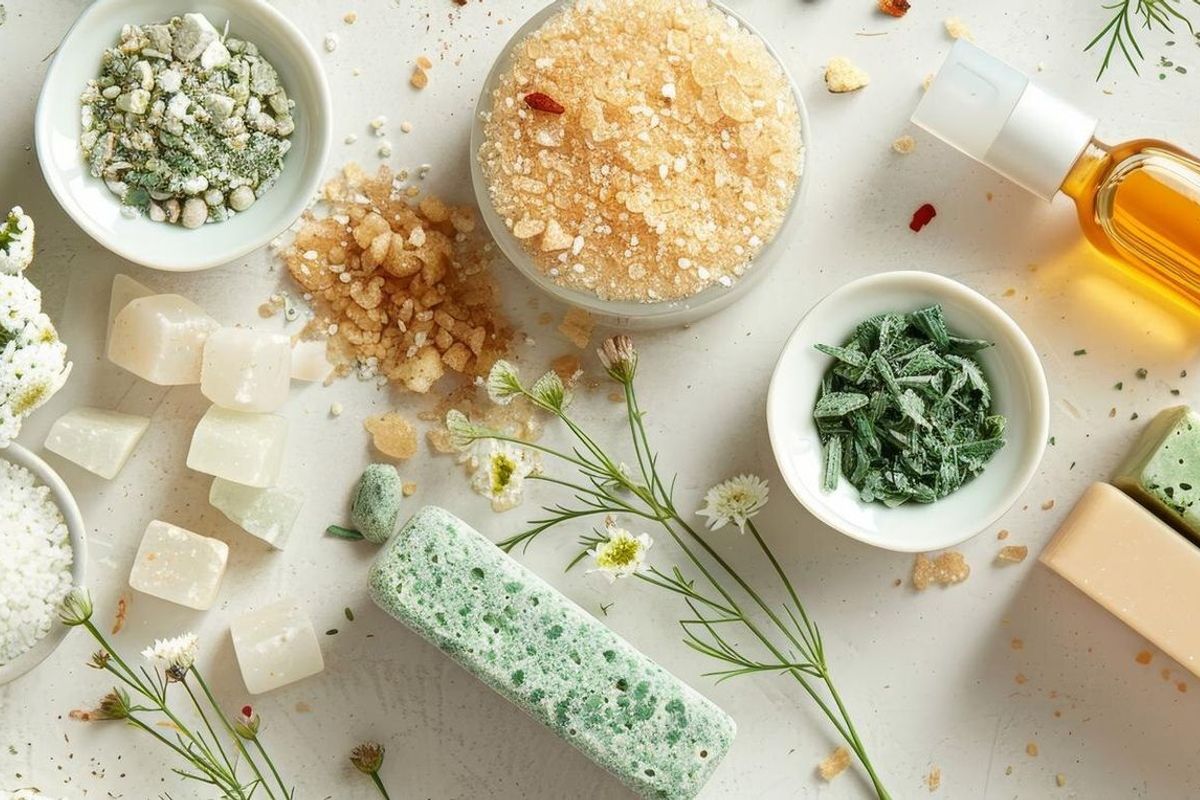 Clean beauty products on a white backdrop highlight ecofriendly skincare essentials with natural light