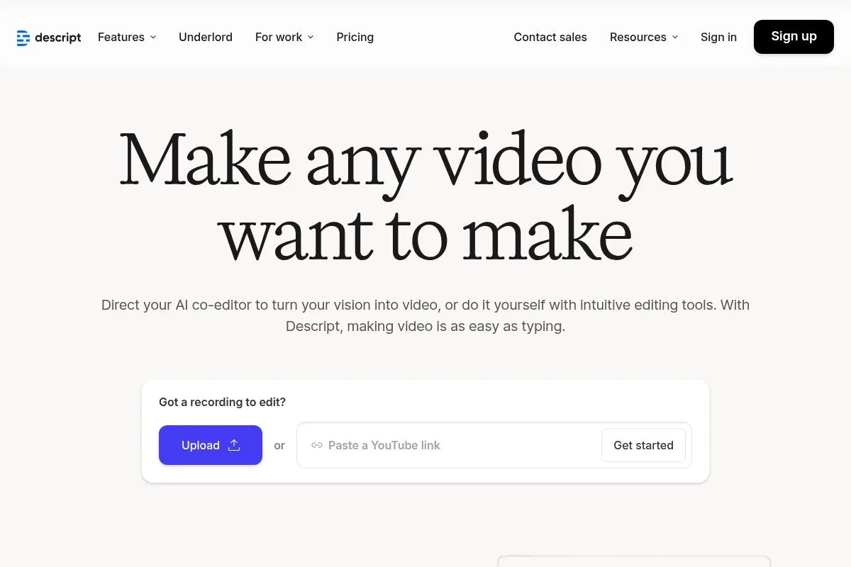 Screenshot of Descript's homepage