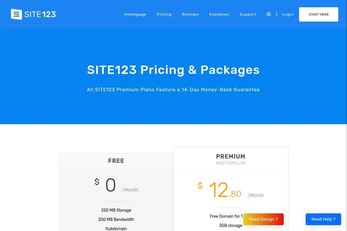 Screenshot of SITE123 Free's homepage