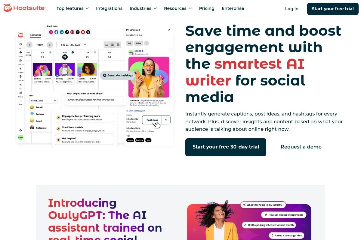 Screenshot of Hootsuite OwlyWriter AI's homepage