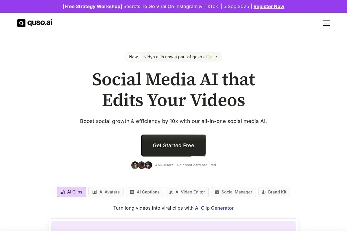 Screenshot of Quso (formerly vidyo.ai)'s homepage