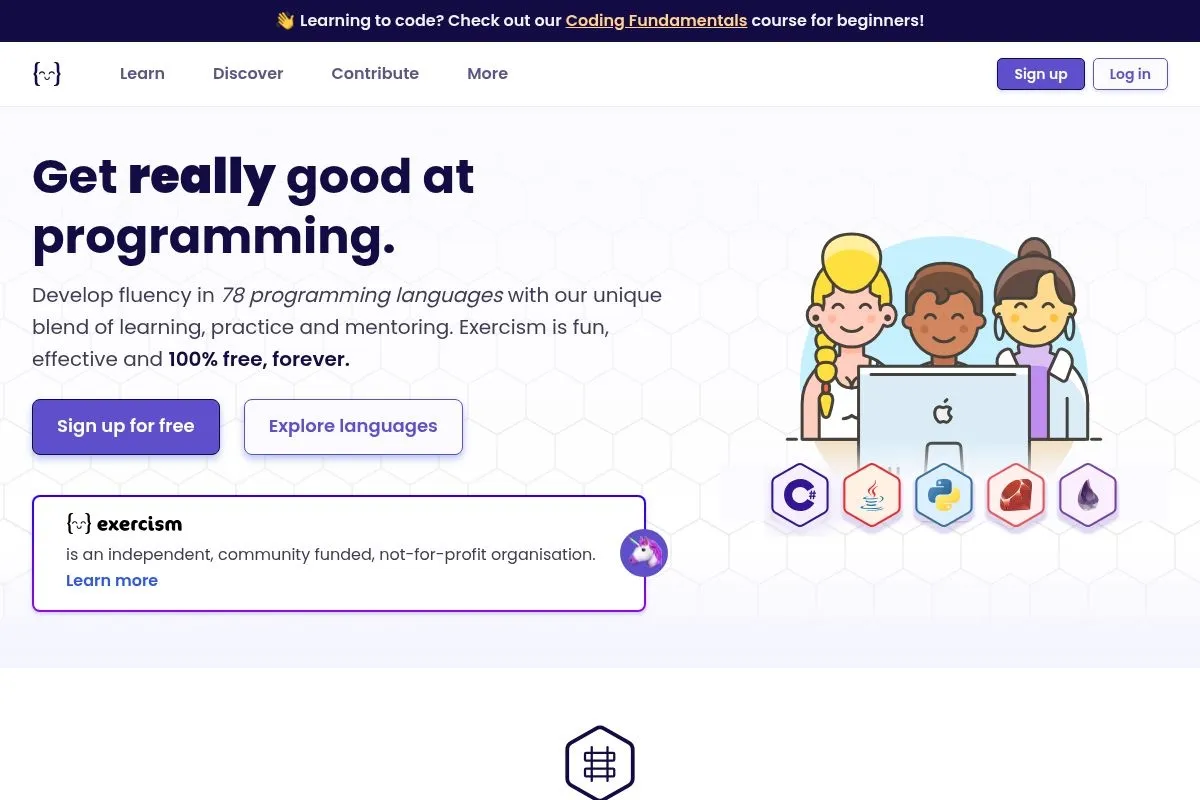 Screenshot of Exercism's homepage