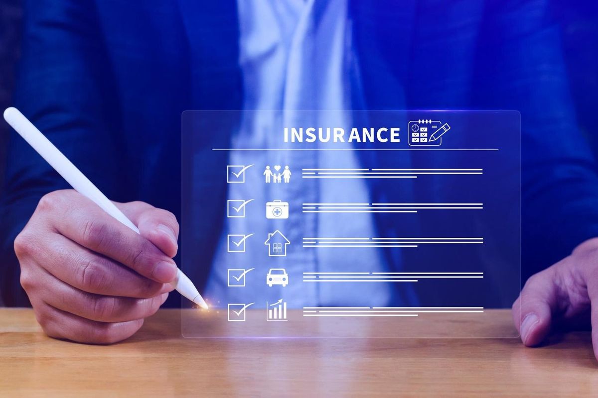 Concept Online Insurance insurance and assurance icons including family health real estate car and financial for risk management concept Online insurance