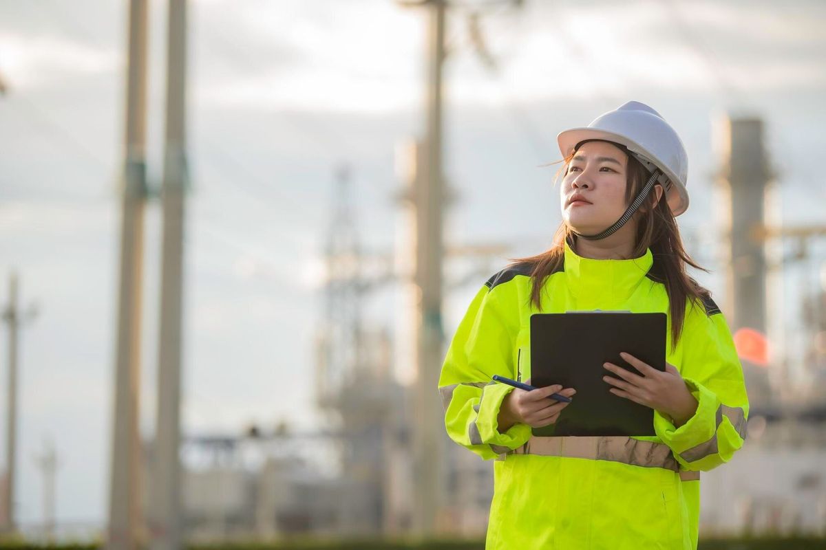 Asian man petrochemical engineer working at oil and gas refinery plant industry factoryThe people worker man engineer work control at power plant energy industry manufacturing