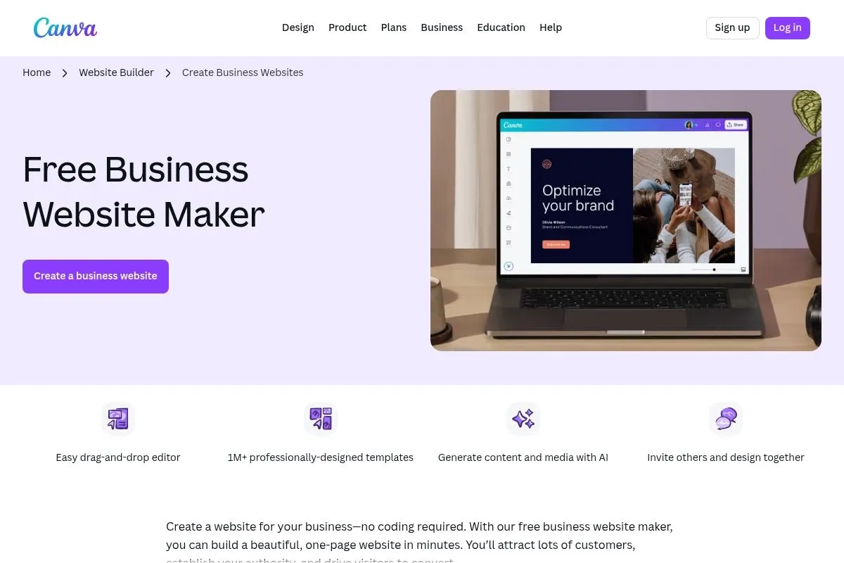 Screenshot of Canva Websites's homepage