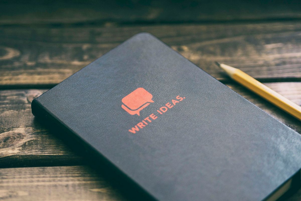 Write Ideas book on brown wooden board