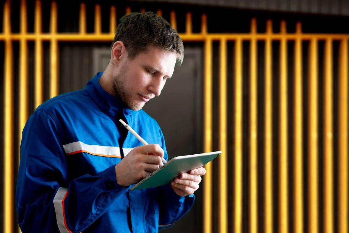 A male worker in uniform holding and using a tablet