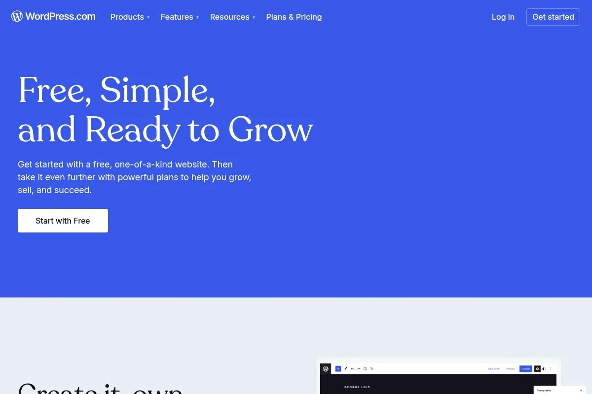 Screenshot of WordPress.com Free's homepage