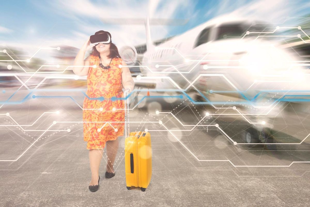 Woman with virtual reality headset in the airport