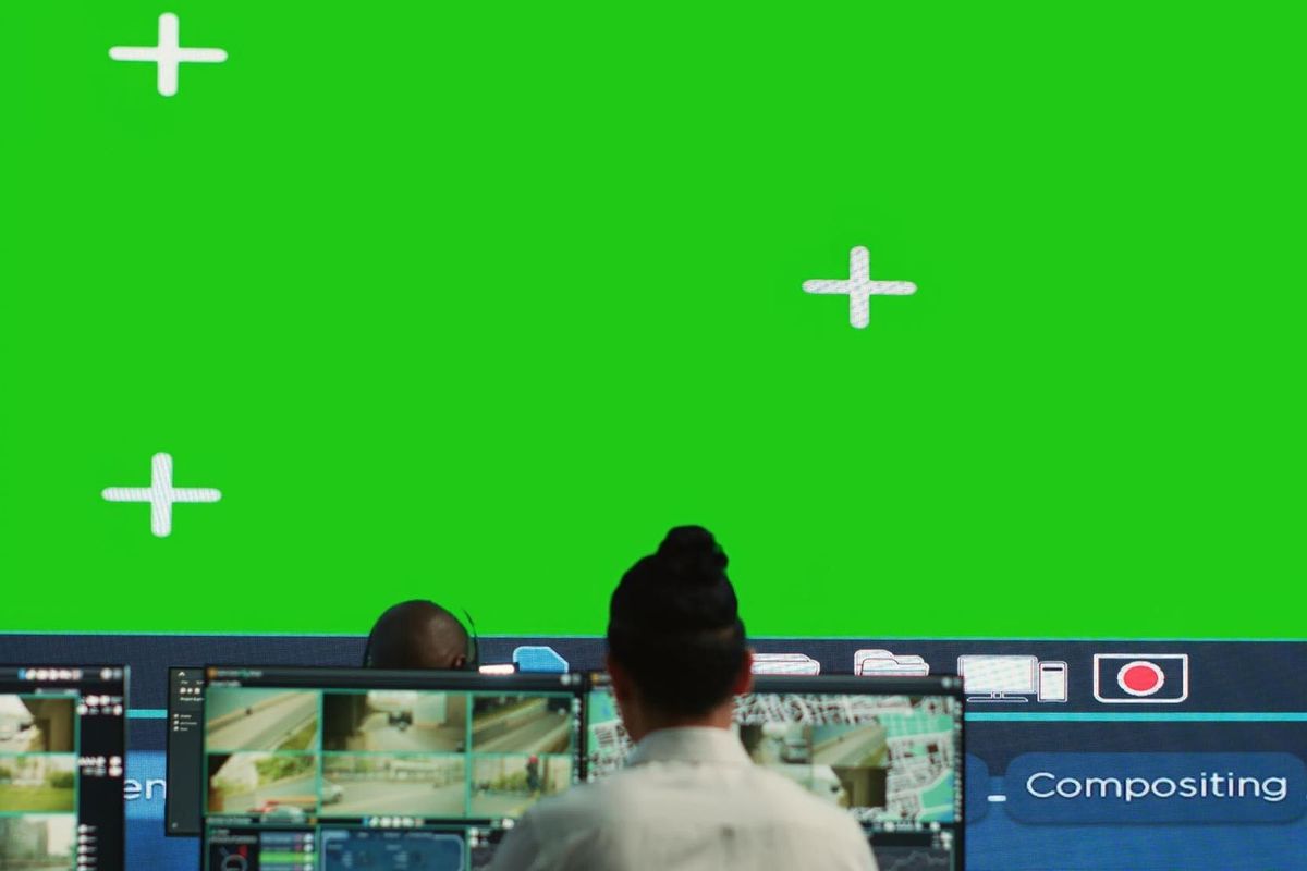 Courier agency operators monitoring cargo shipment with a greenscreen