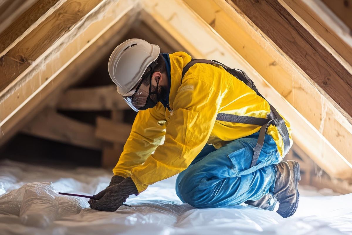 Worker inspecting attic insulation