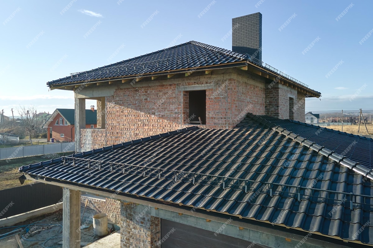 Aerial view of house roof top covered with ceramic shingles Tiled covering of building under construction