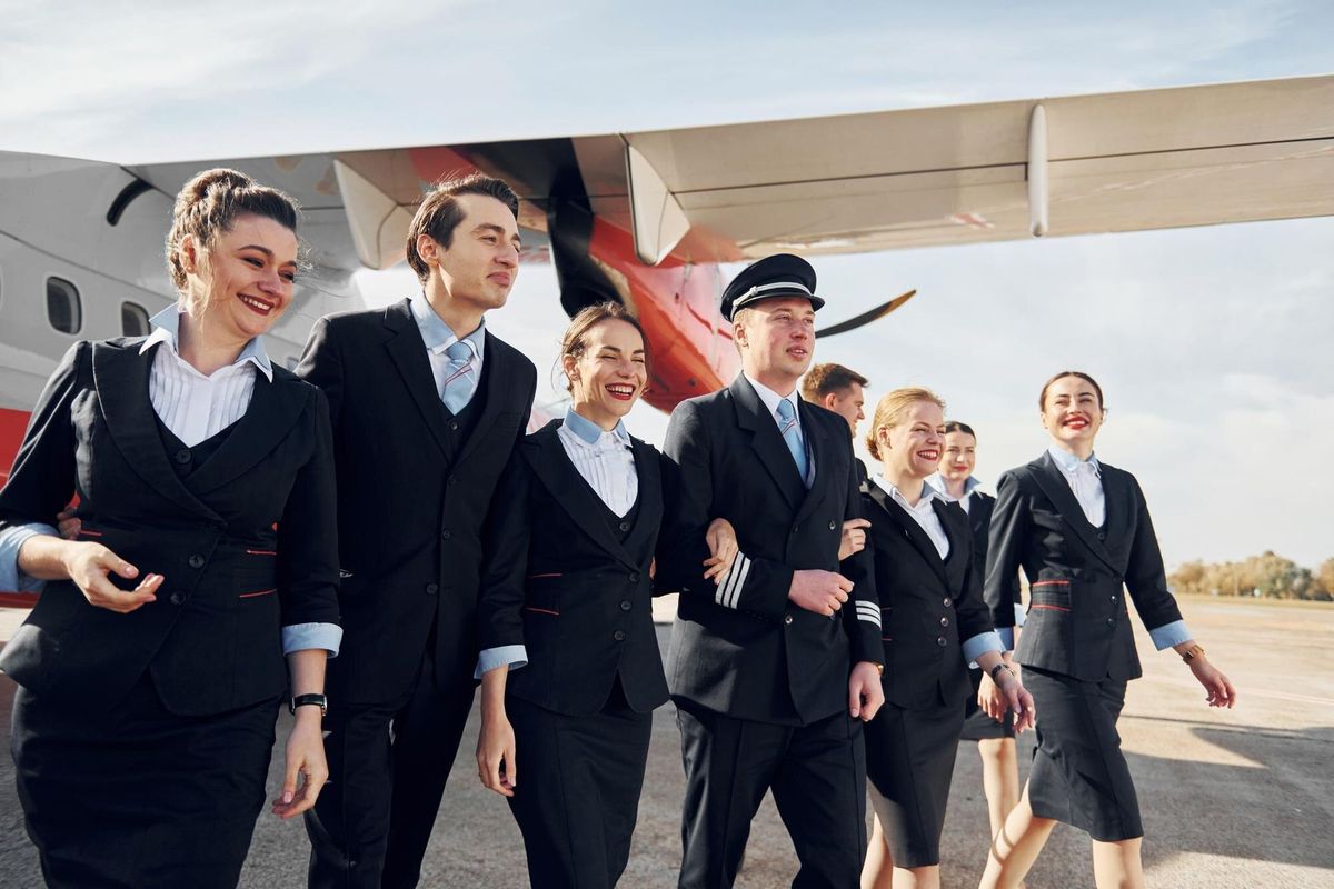 Crew of airport and plane workers in formal clothes standing outdoors together