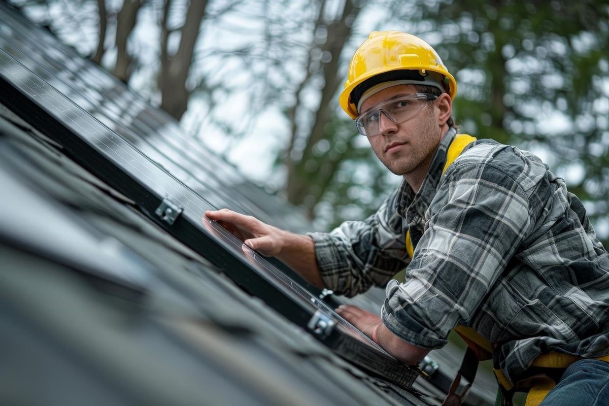 a man wearing a hard hat is looking down on a roof