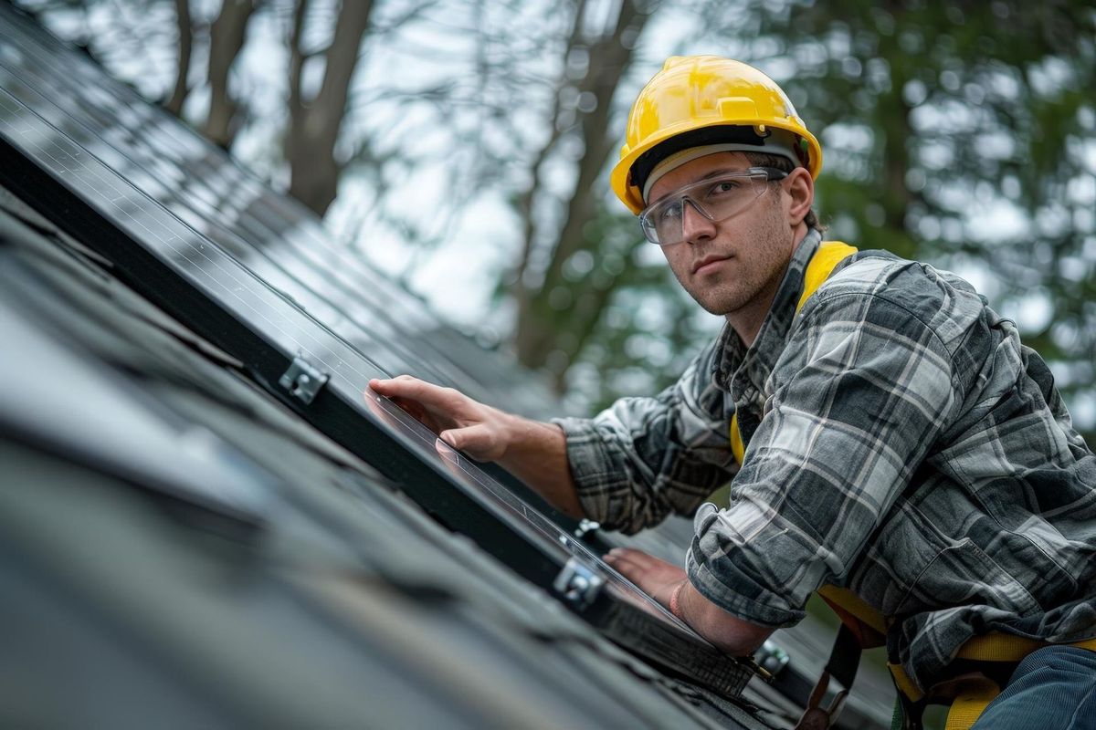 a man wearing a hard hat is looking down on a roof