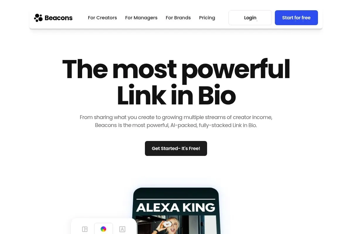Screenshot of Beacons Link in Bio's homepage