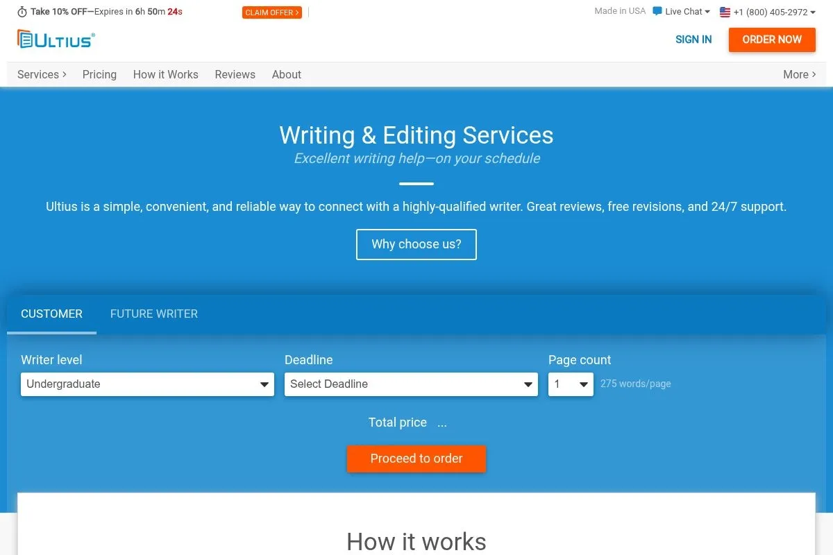 Screenshot of Ultius's homepage