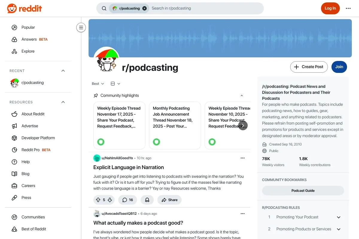 Screenshot of Reddit r/podcasting's homepage