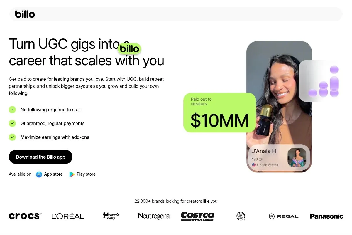 Screenshot of Billo's homepage