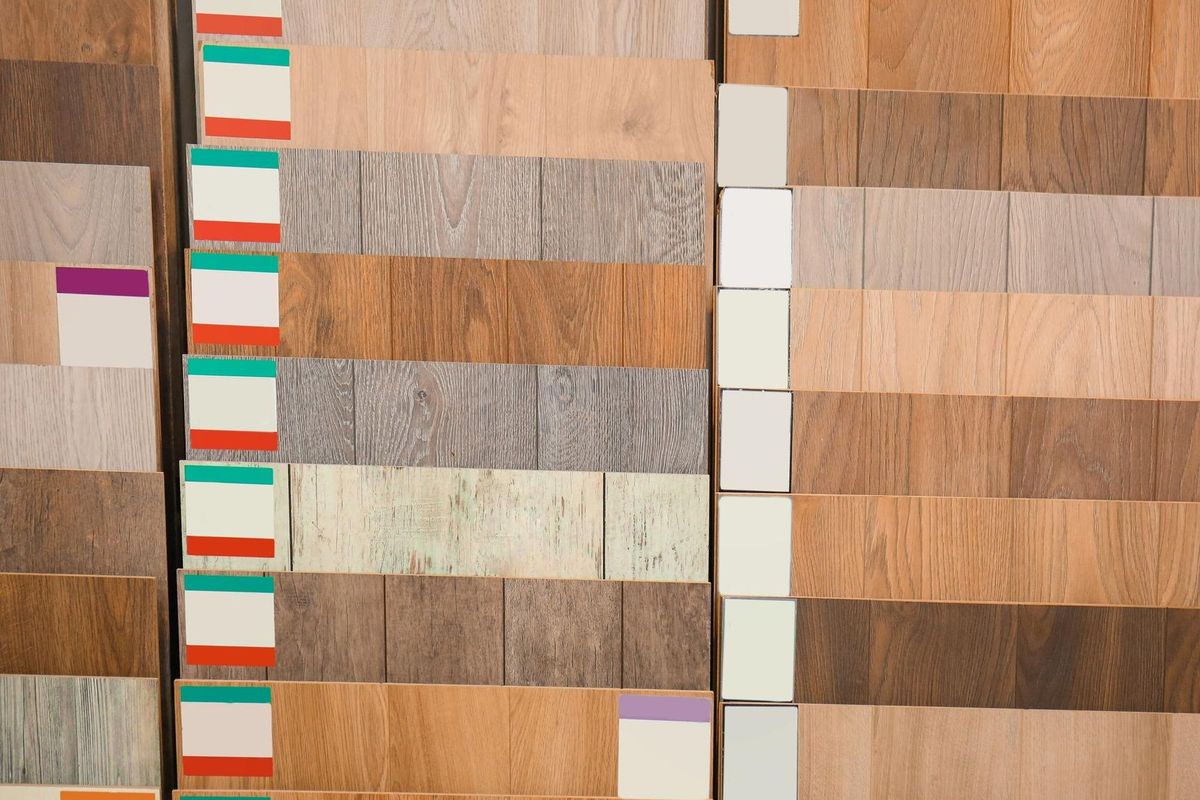 Assortment of laminated flooring samples in hardware store