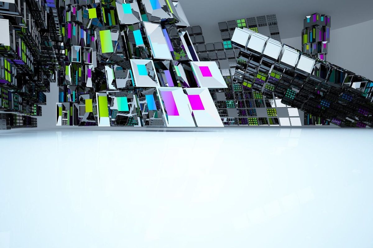 Abstract white and colored gradient glasses interior multilevel public space with window 3D