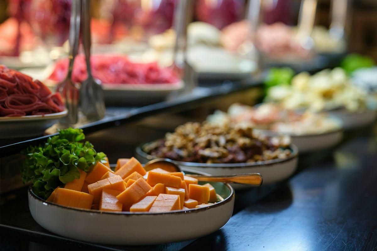 a table is filled with food